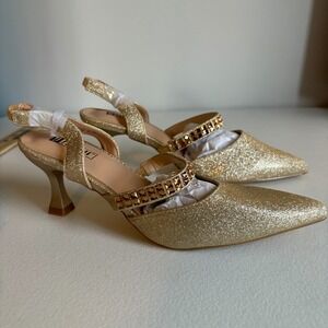Women Gold Glitter Slingback Heels Rhinestone Strap Pointed Toe‎ Shoes Size 6
